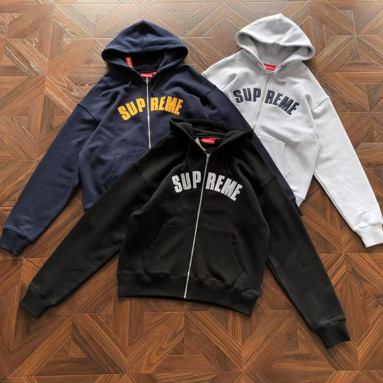 SUPREME 24FW发热华夫格加绒卫衣男女情侣款贴布图案拉链帽衫潮牌