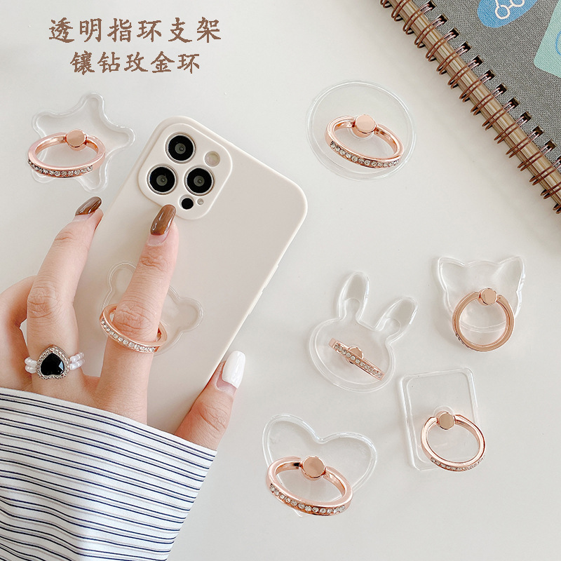 Diamond-Studded Transparent Ring Holder Rose Gold Ring Phone Stand with 13 Crystal Diamonds