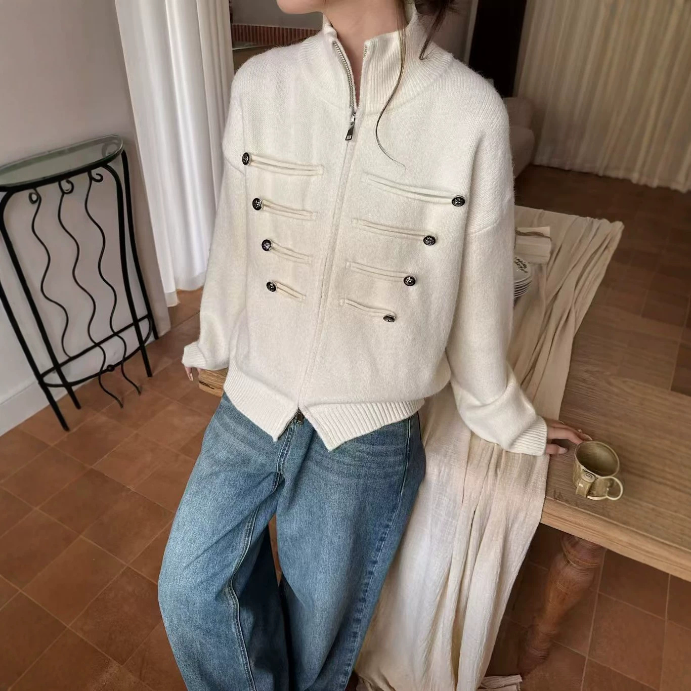 跨境欧美风外贸小众设计感针织开衫女秋冬新款立领双拉链毛衣外套