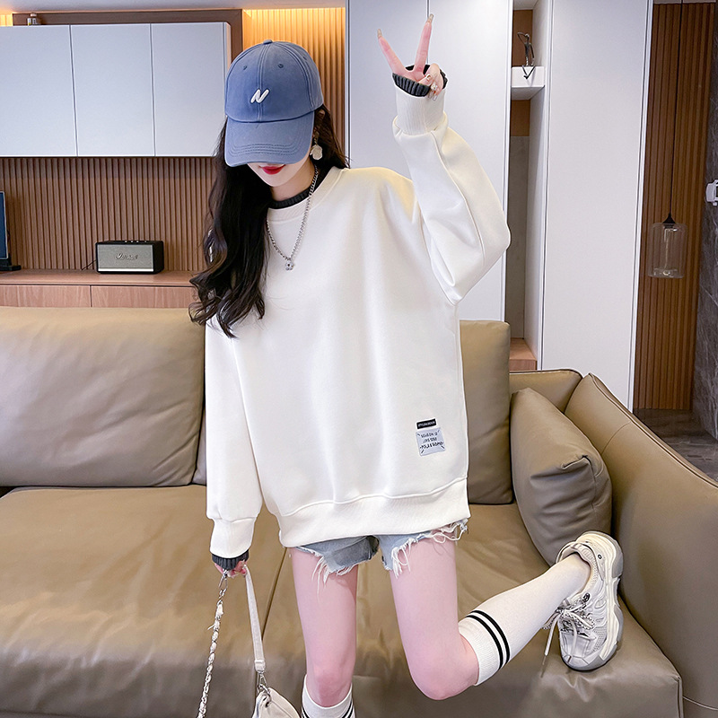 女式卫衣定制加绒圆领假两件长袖宽松大码女装休闲衣服卫衣女款