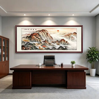 栀安里新中式客厅装饰画沙发背景墙壁画国画山水画靠山图办公室风景挂画 11款-五岳独尊 148*56+实木框+有机玻璃