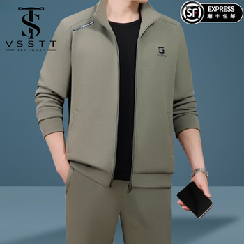 VSSTT高端运动套装男士2026秋季新款休闲舒适衣服男装高级感穿搭三件套 卡其色 5XL 【201-225斤】
