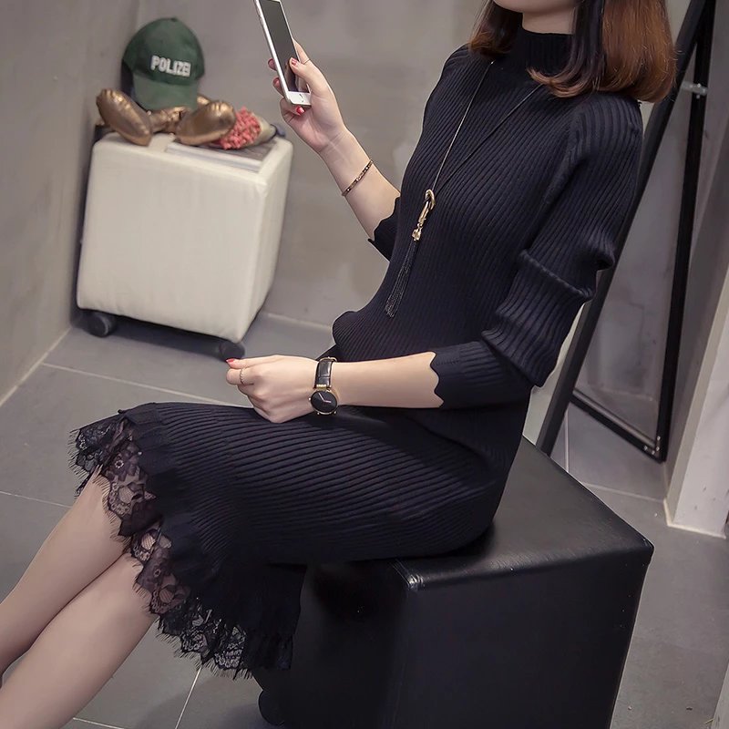 中长款毛衣胖妹妹遮肚大码胖女人加肥显瘦蕾丝直筒连衣裙打底衫