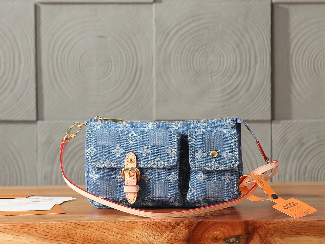 Trendsetter's curated Ma Hu bag, donkey bag, vintage, 26 new denim blue monogram Pochette Accessories Cargo mahjong bag, multi-pocket multi-functional biker-style shoulder bag underarm bag