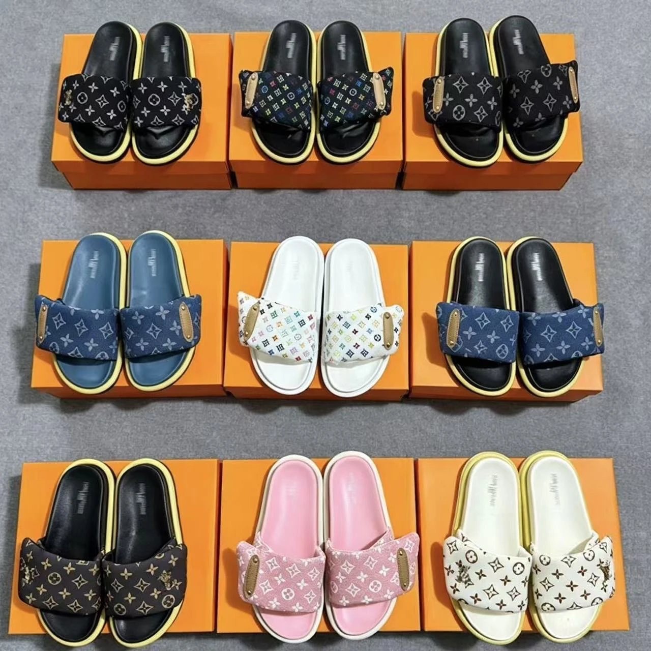 现货秒发新款牛仔布蓝色蓝底情侣款 驴拖鞋黑色老花logo提花魔术贴拖鞋魔术贴拖鞋 驴拖鞋男 字母老花浮雕压花布面平底沙滩凉鞋懒人拖小红书爆款网红同款百搭显瘦增高非二手 驴拖鞋