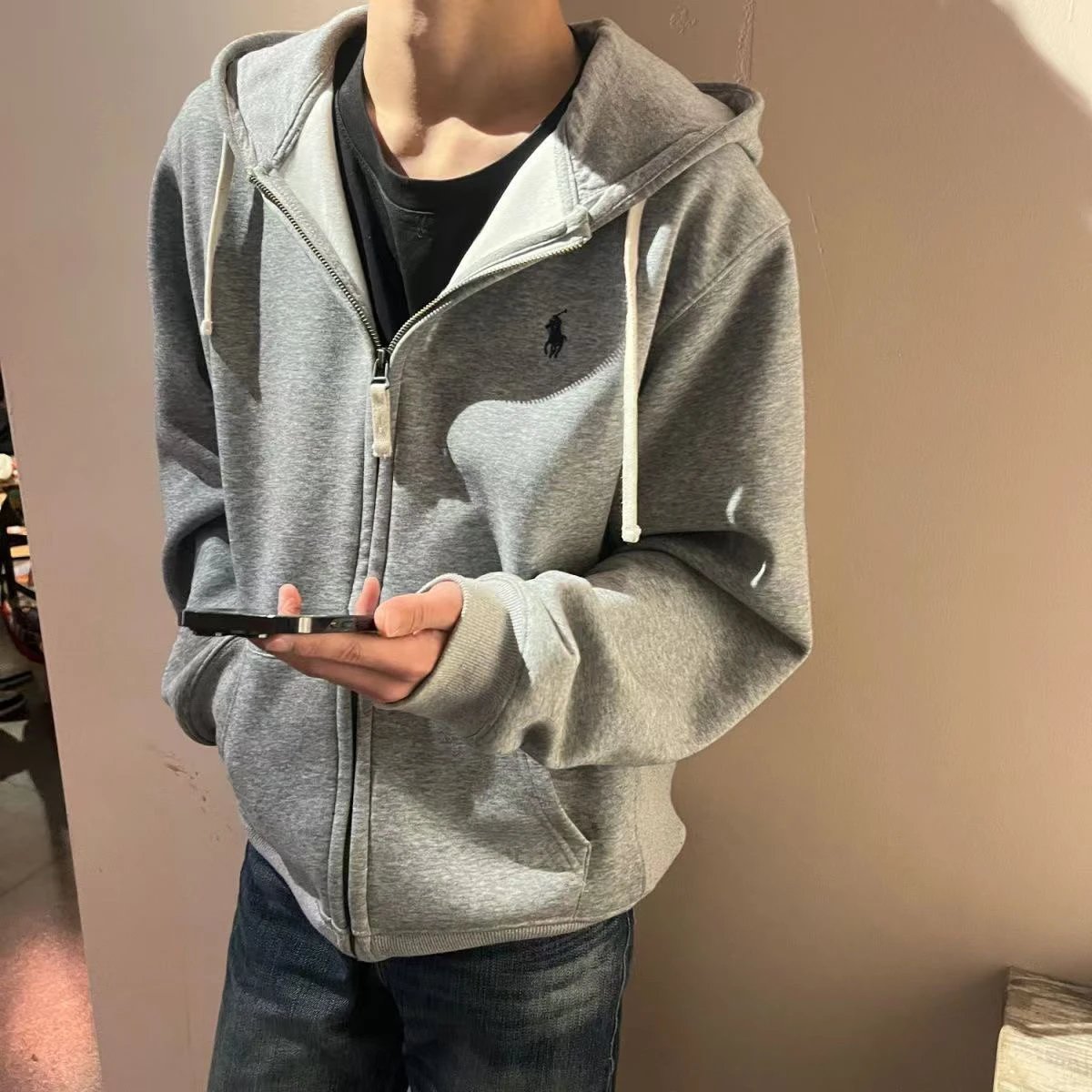 现货秒发小刺绣拉链连帽卫衣花灰色Cleanfit简约百搭开衫外套 三标齐全
