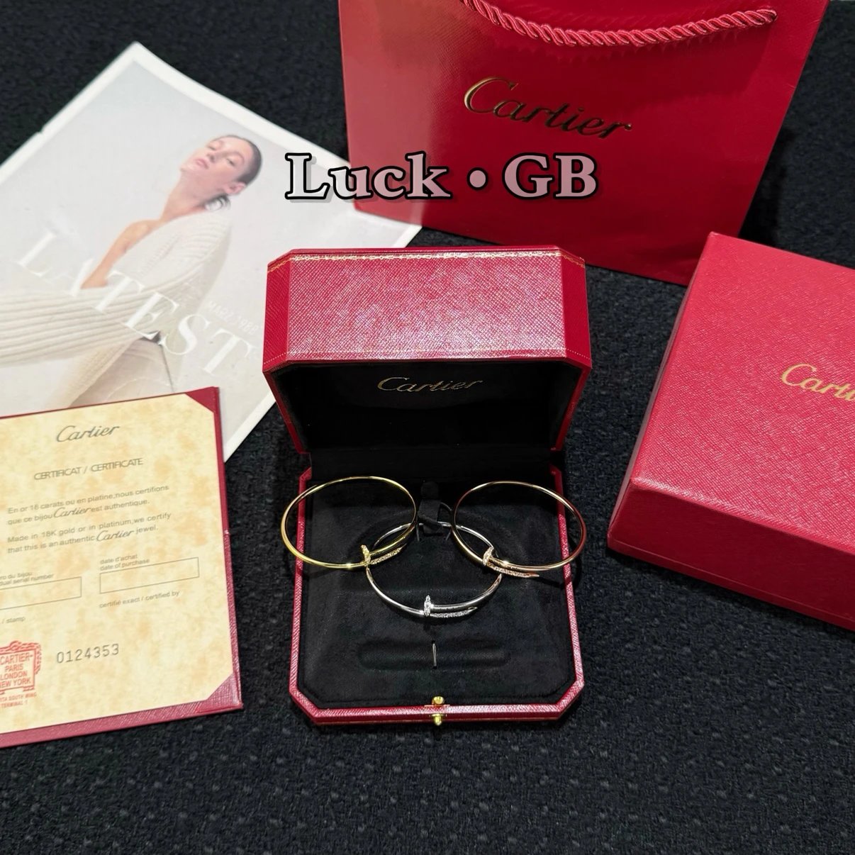 代购级品质LuckGB卡Car地亚经典款Love系列窄版头尾钻钉子手镯手环 人工培育钻 18K包金 精工打造